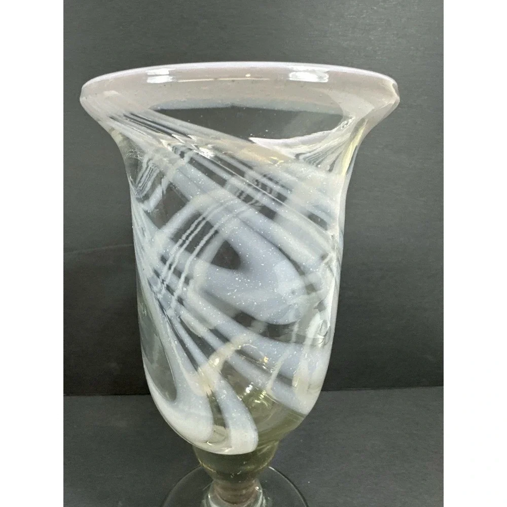 Hurricane/Celery Pedestal Vase/Goblet Pink Opaque Cloudy Swirl 7.75